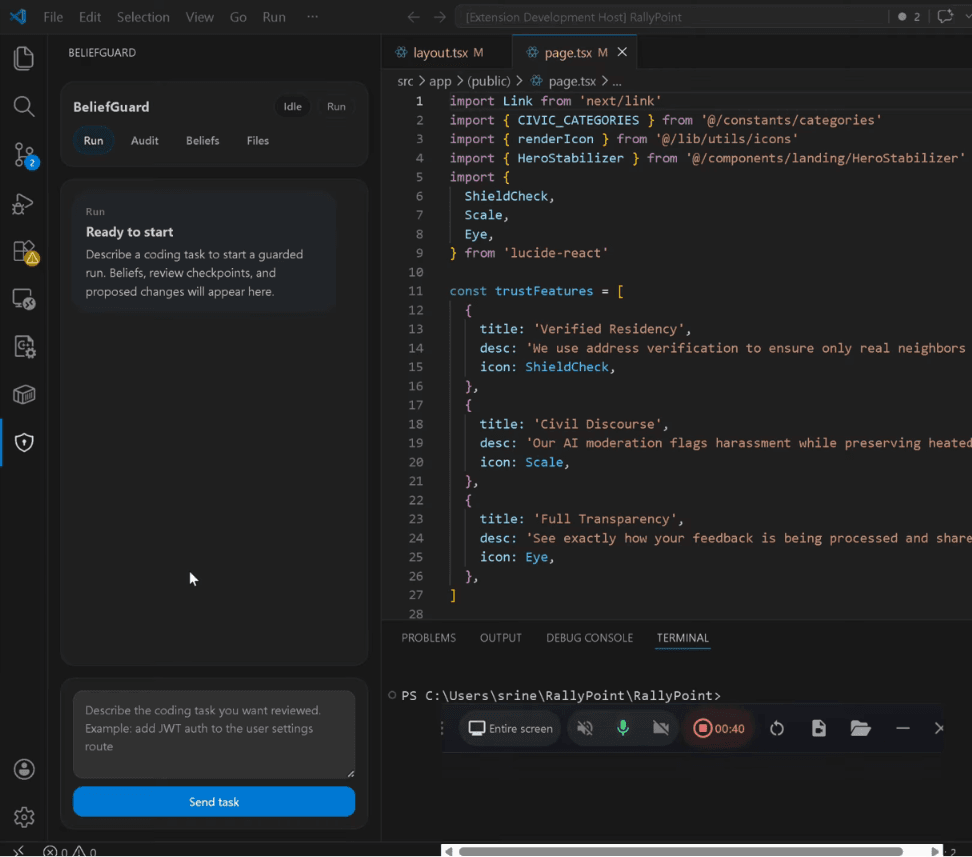 BeliefGuard VS Code extension showing belief validation and patch review workflow