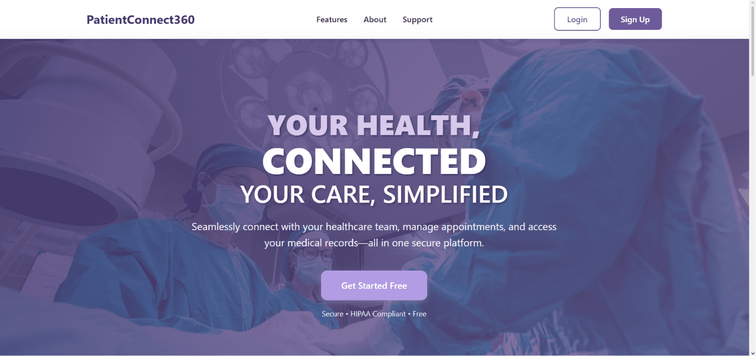 PatientConnect360 dashboard showing role-based healthcare coordination features