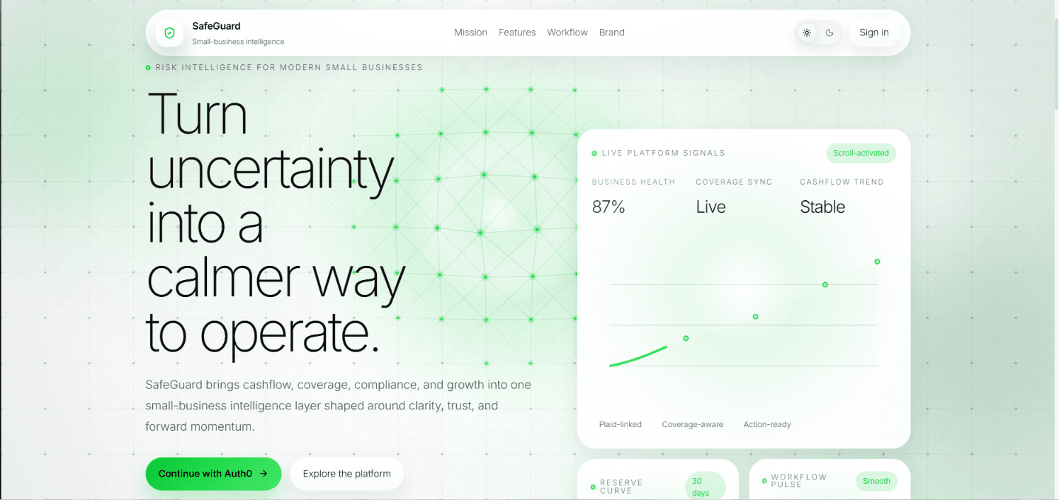 SafeGuard dashboard showing insurance policy analysis, shield score, and coverage action plan