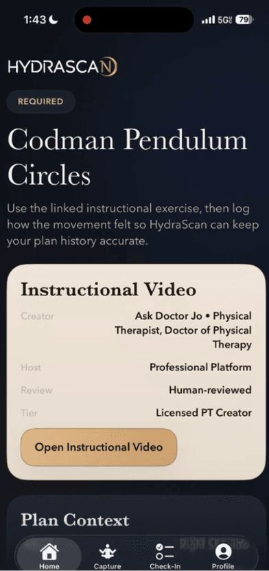 HydraScan iOS app showing guided movement capture and recovery score interface