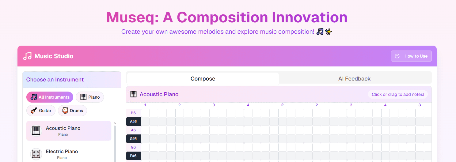 Museq interface showing piano roll composition and AI-assisted feedback