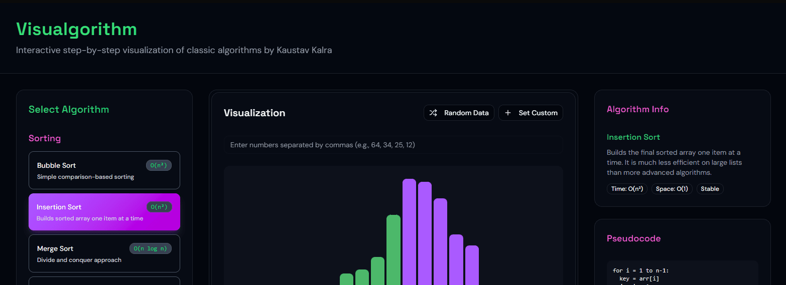 Visualgorithm interface showing sorting algorithm visualization with animated bars